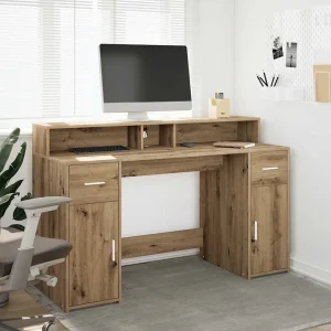 Bureau avec lumières LED 140 x 55 x 91 cm chêne artisanal bois d'ingénierie – vue d’ensemble