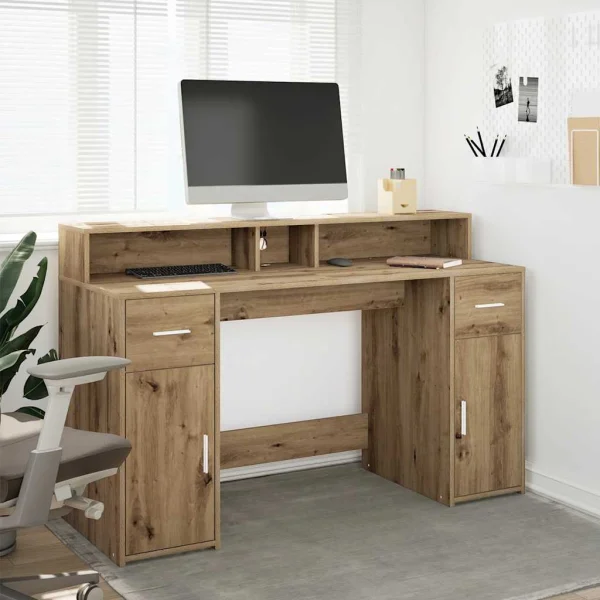 Bureau avec lumières LED 140 x 55 x 91 cm chêne artisanal bois d'ingénierie – vue d’ensemble