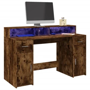 Bureau et lumières LED 140 x 55 x 91 cm chêne fumé bois d'ingénierie – vue d’ensemble