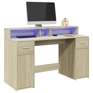 Bureau avec lumières LED 140 x 55 x 91 cm chêne sonoma bois d'ingénierie – vue d’ensemble