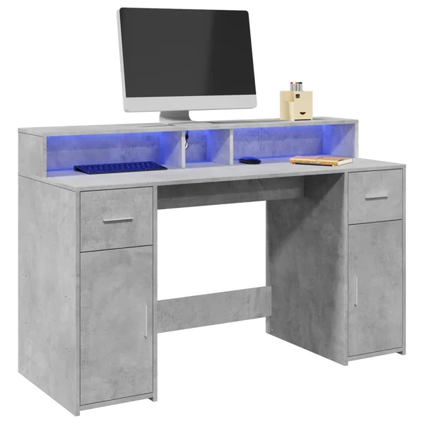 Bureau et lumières LED 140 x 55 x 91 cm gris béton bois d'ingénierie – vue d’ensemble