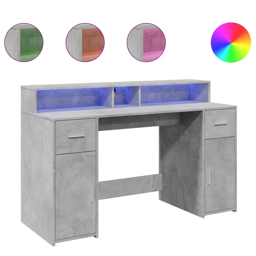 Bureau et lumières LED 140 x 55 x 91 cm gris béton bois d'ingénierie – vue de côté