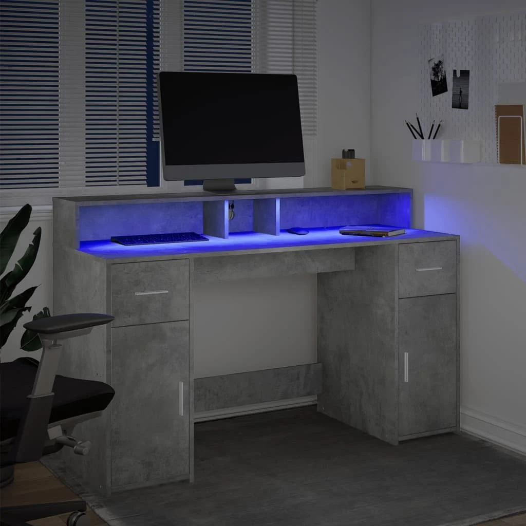Bureau et lumières LED 140 x 55 x 91 cm gris béton bois d'ingénierie – vue en situation