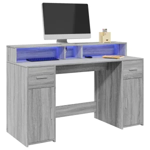 Bureau et lumières LED 140 x 55 x 91 cm sonoma gris bois d'ingénierie – vue d’ensemble