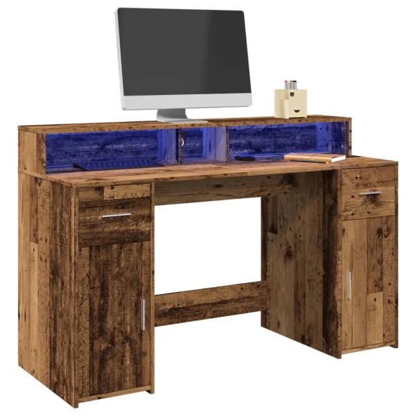 Bureau avec lumières LED 140 x 55 x 91 cm vieux bois bois d'ingénierie – vue d’ensemble