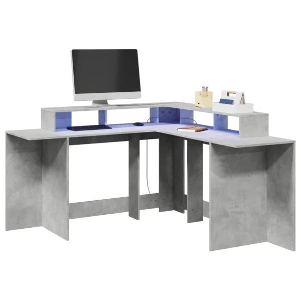 Bureau et lumières LED 152 x 152 x 91 cm gris bois d'ingénierie – vue d’ensemble