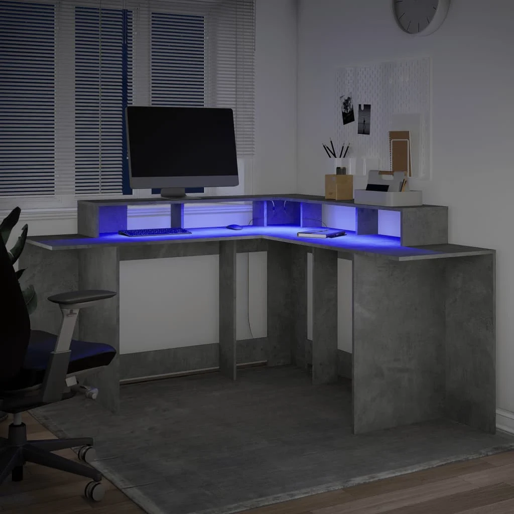 Bureau et lumières LED 152 x 152 x 91 cm gris bois d'ingénierie – vue en situation