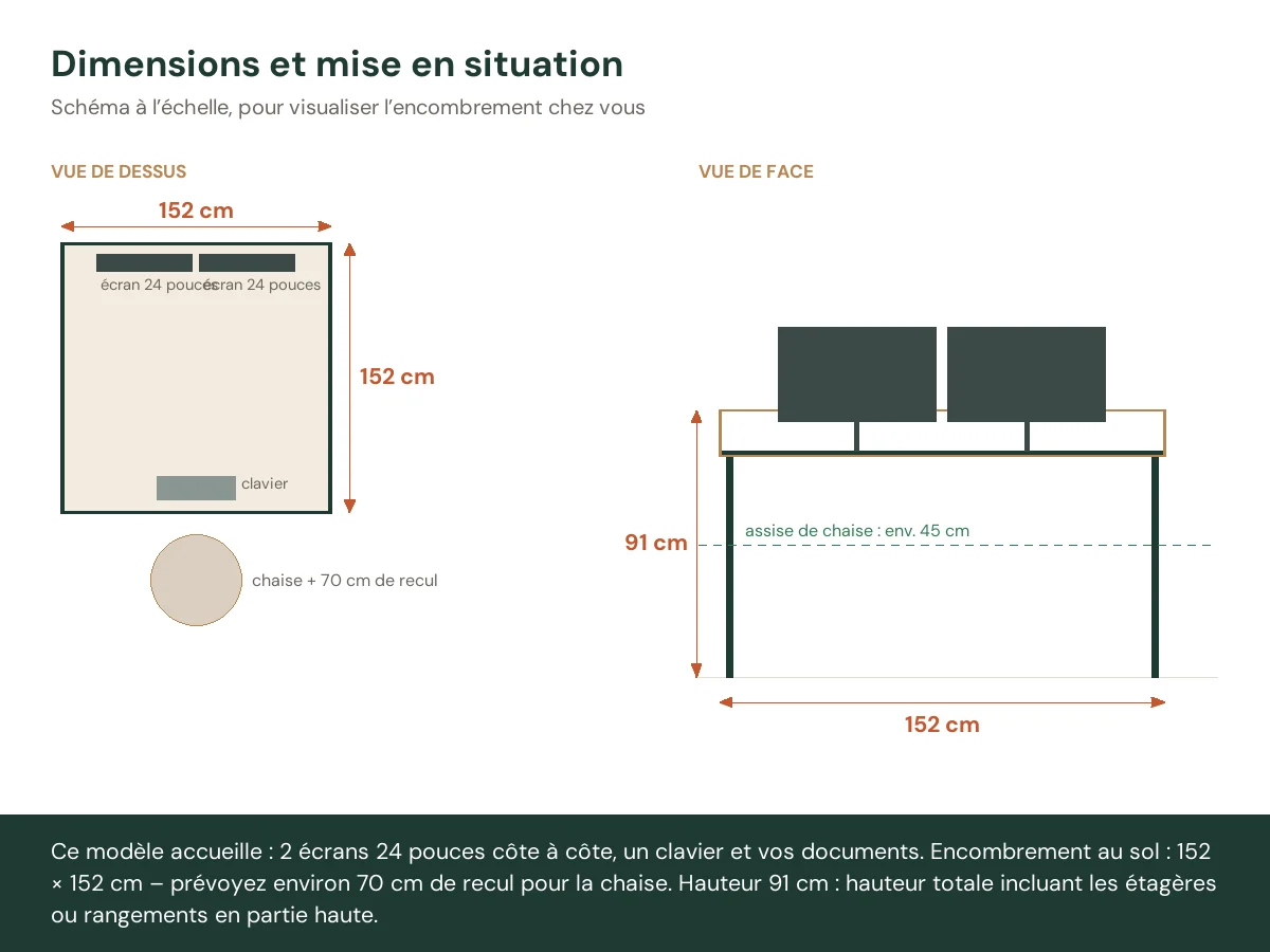 Bureau et lumières LED 152 x 152 x 91 cm gris bois d'ingénierie – vue de face