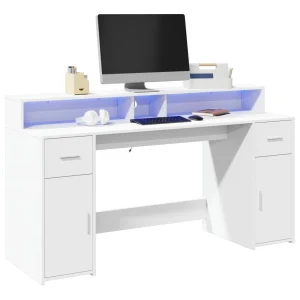 Bureau avec lumières LED 160 x 55 x 91 cm blanc bois d'ingénierie – vue d’ensemble