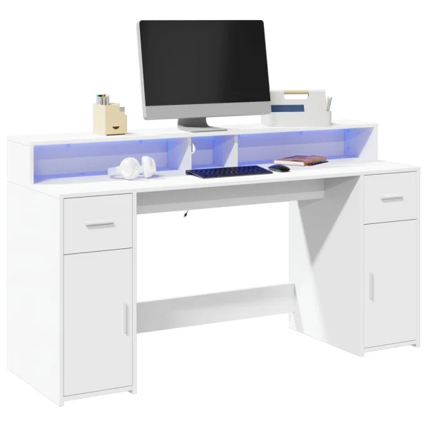 Bureau avec lumières LED 160 x 55 x 91 cm blanc bois d'ingénierie – vue d’ensemble