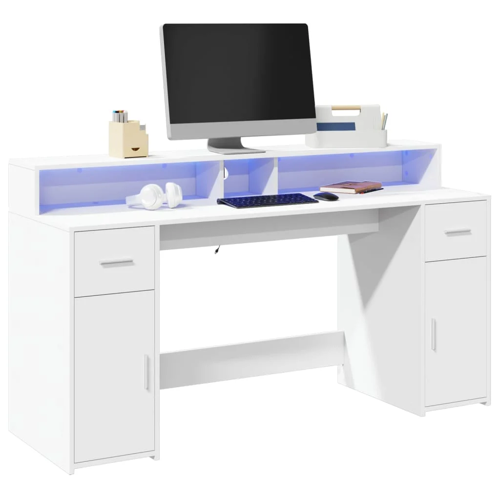 Bureau avec lumières LED 160 x 55 x 91 cm blanc bois d'ingénierie – vue d’ensemble