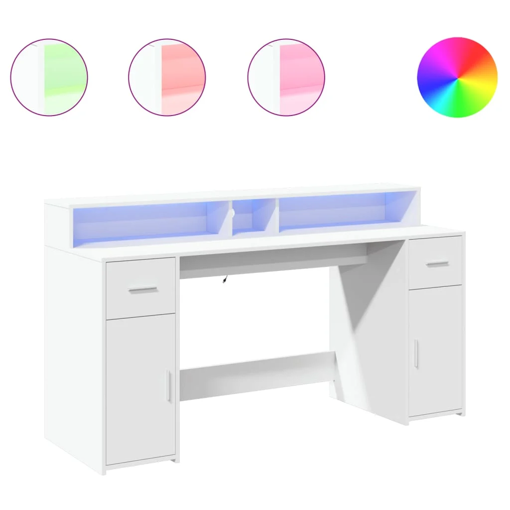 Bureau avec lumières LED 160 x 55 x 91 cm blanc bois d'ingénierie – vue de côté