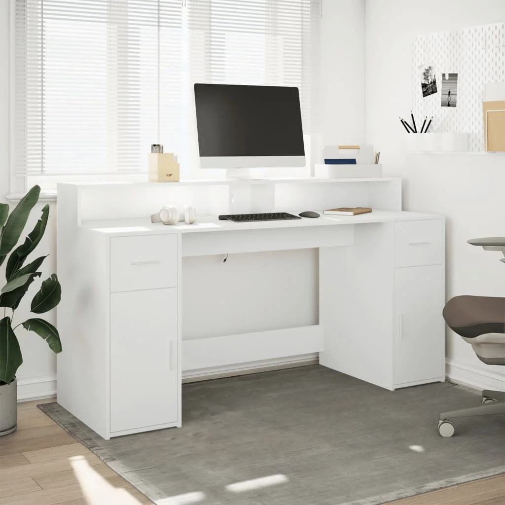 Bureau avec lumières LED 160 x 55 x 91 cm blanc bois d'ingénierie – vue de détail