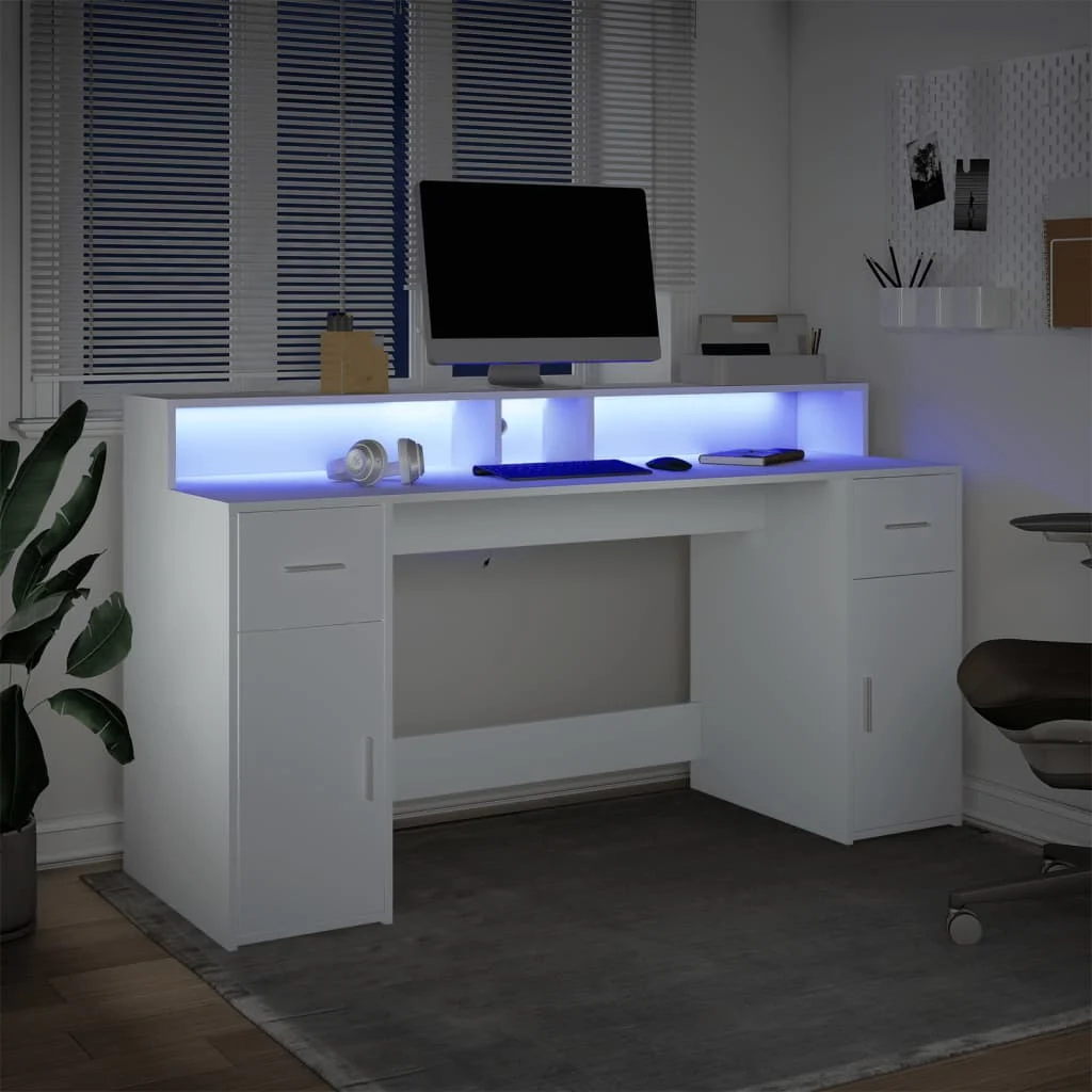 Bureau avec lumières LED 160 x 55 x 91 cm blanc bois d'ingénierie – vue en situation