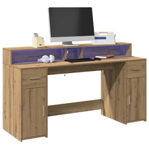 Bureau avec lumières LED 160 x 55 x 91 cm chêne artisanal bois d'ingénierie – vue d’ensemble