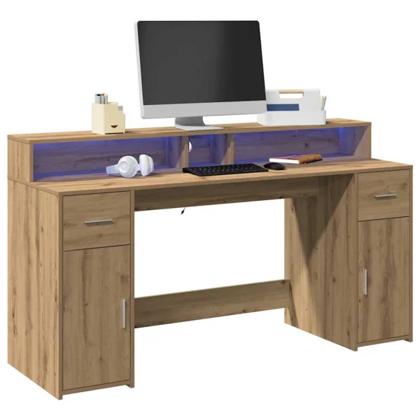 Bureau avec lumières LED 160 x 55 x 91 cm chêne artisanal bois d'ingénierie – vue d’ensemble