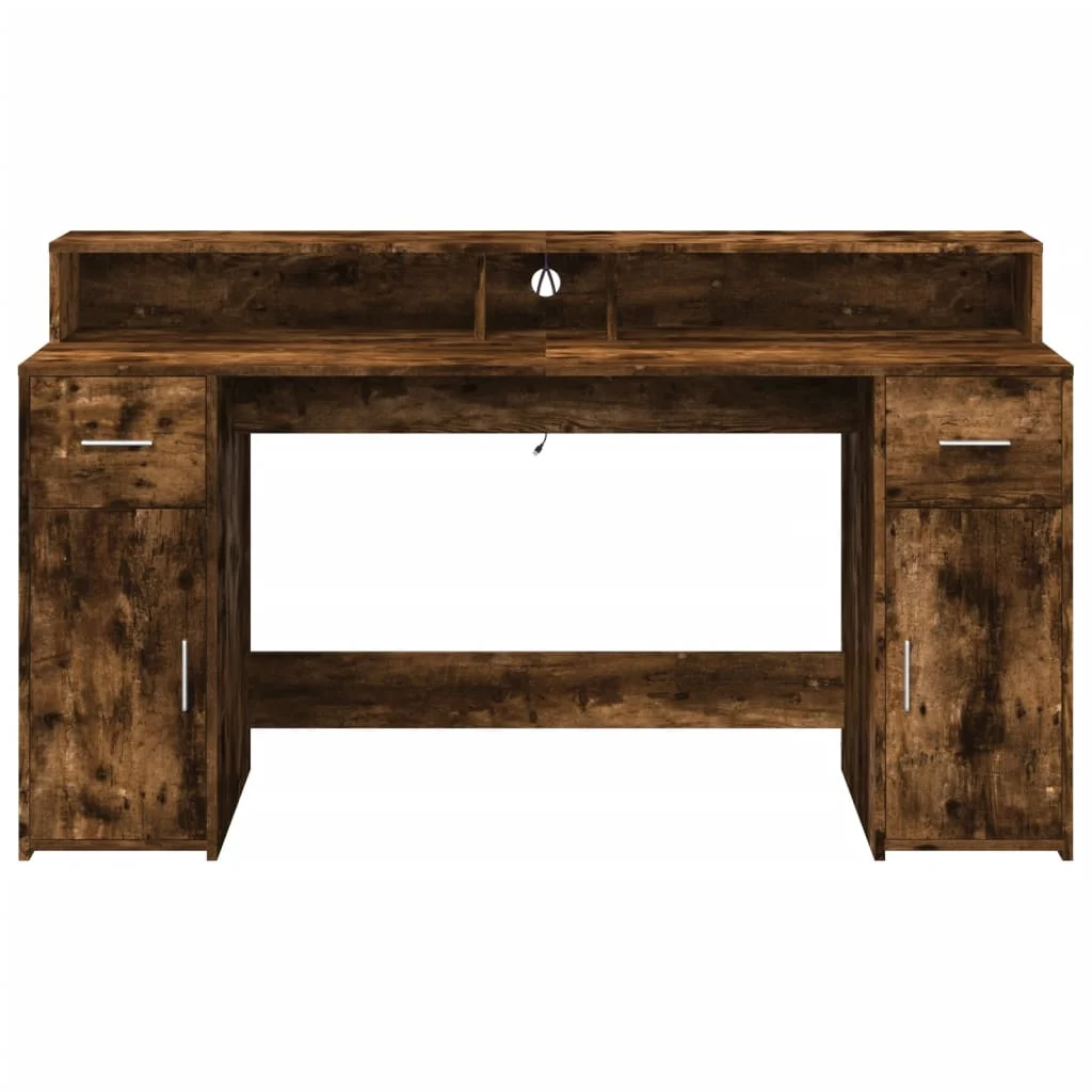 Bureau et lumières LED 160 x 55 x 91 cm chêne fumé bois d'ingénierie – vue de dos