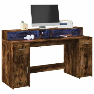 Bureau et lumières LED 160 x 55 x 91 cm chêne fumé bois d'ingénierie – vue d’ensemble