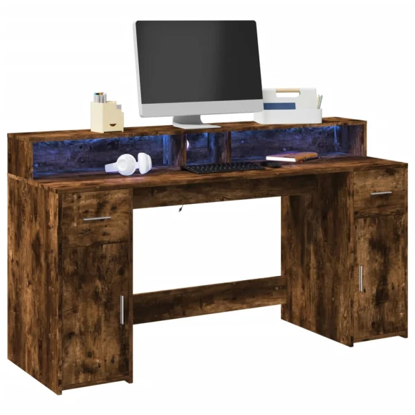 Bureau et lumières LED 160 x 55 x 91 cm chêne fumé bois d'ingénierie – vue d’ensemble