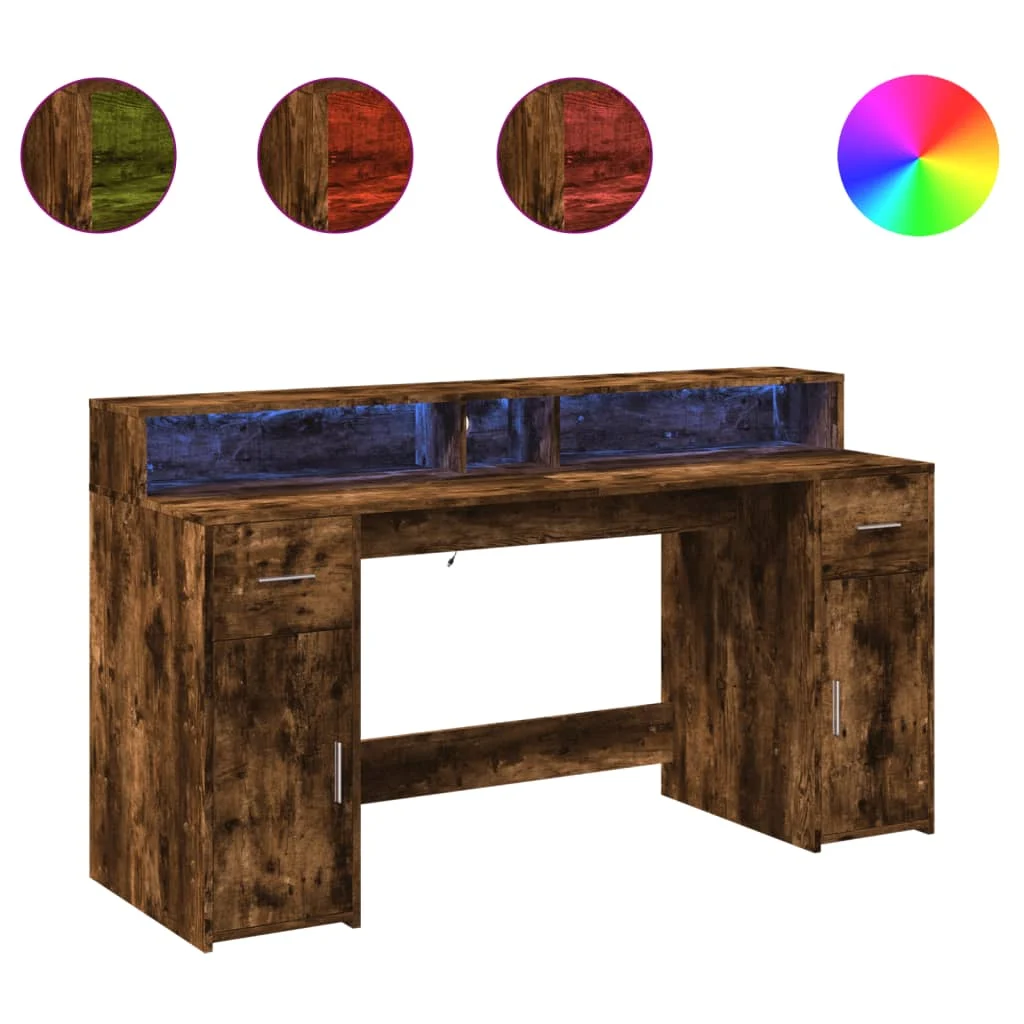Bureau et lumières LED 160 x 55 x 91 cm chêne fumé bois d'ingénierie – vue de côté