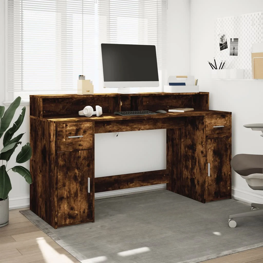 Bureau et lumières LED 160 x 55 x 91 cm chêne fumé bois d'ingénierie – vue de détail