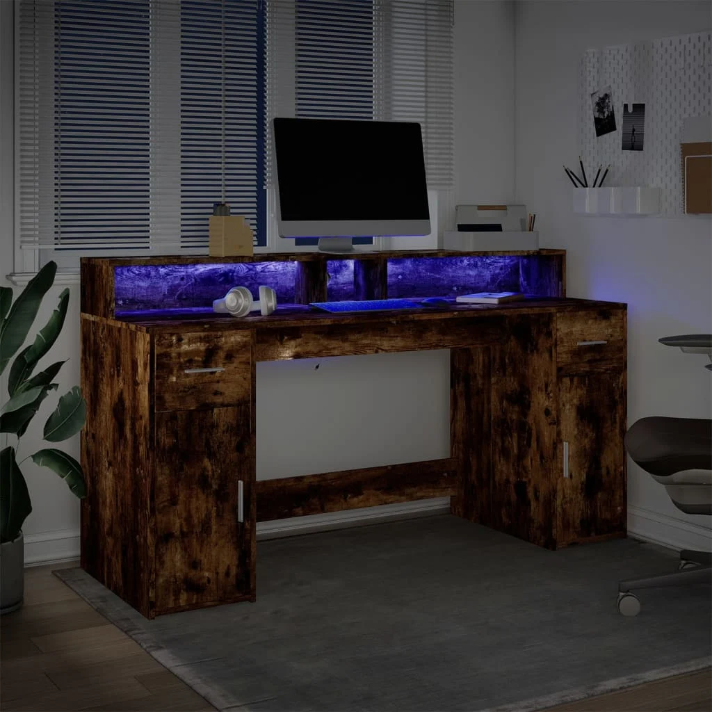 Bureau et lumières LED 160 x 55 x 91 cm chêne fumé bois d'ingénierie – vue en situation