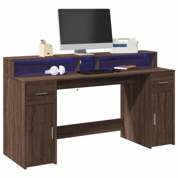 Bureau et lumières LED 160 x 55 x 91 cm chêne marron bois d'ingénierie – vue d’ensemble