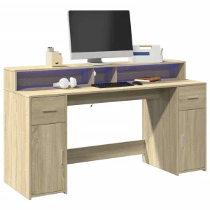 Bureau avec lumières LED 160 x 55 x 91 cm chêne sonoma bois d'ingénierie – vue d’ensemble