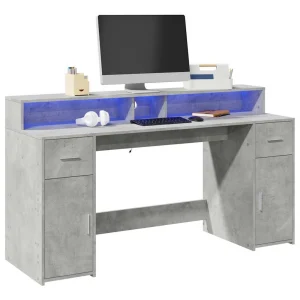 Bureau et lumières LED 160 x 55 x 91 cm gris béton bois d'ingénierie – vue d’ensemble