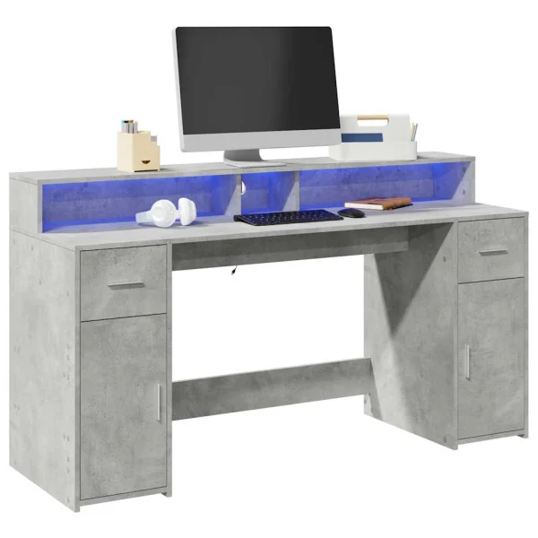 Bureau et lumières LED 160 x 55 x 91 cm gris béton bois d'ingénierie – vue d’ensemble