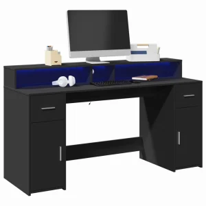 Bureau avec lumières LED 160 x 55 x 91 cm noir bois d'ingénierie – vue d’ensemble