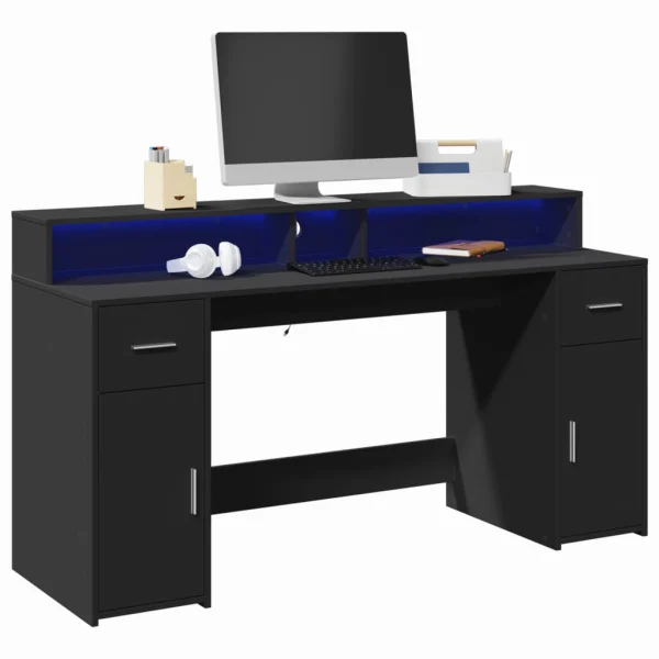 Bureau avec lumières LED 160 x 55 x 91 cm noir bois d'ingénierie – vue d’ensemble