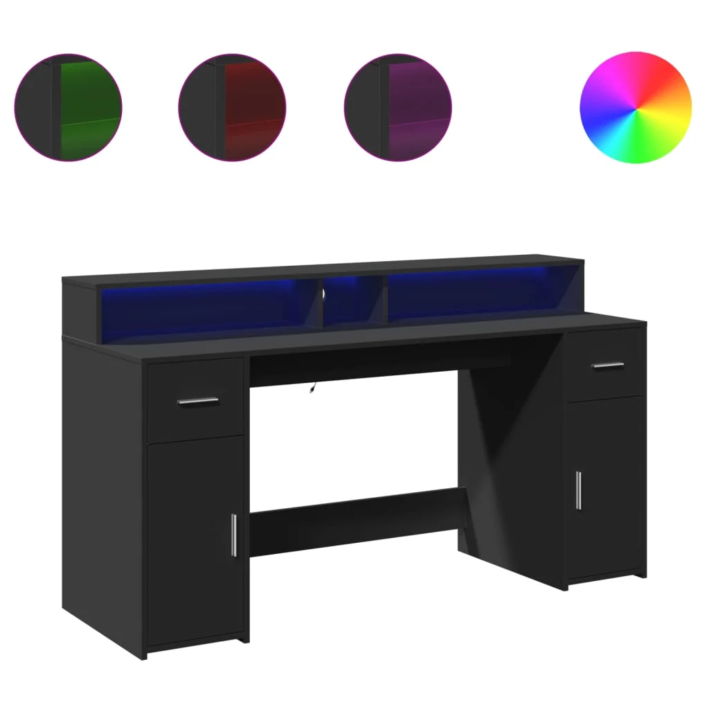 Bureau avec lumières LED 160 x 55 x 91 cm noir bois d'ingénierie – vue de côté