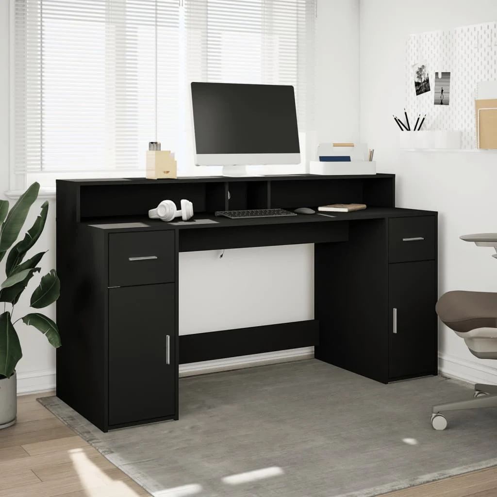 Bureau avec lumières LED 160 x 55 x 91 cm noir bois d'ingénierie – vue de détail
