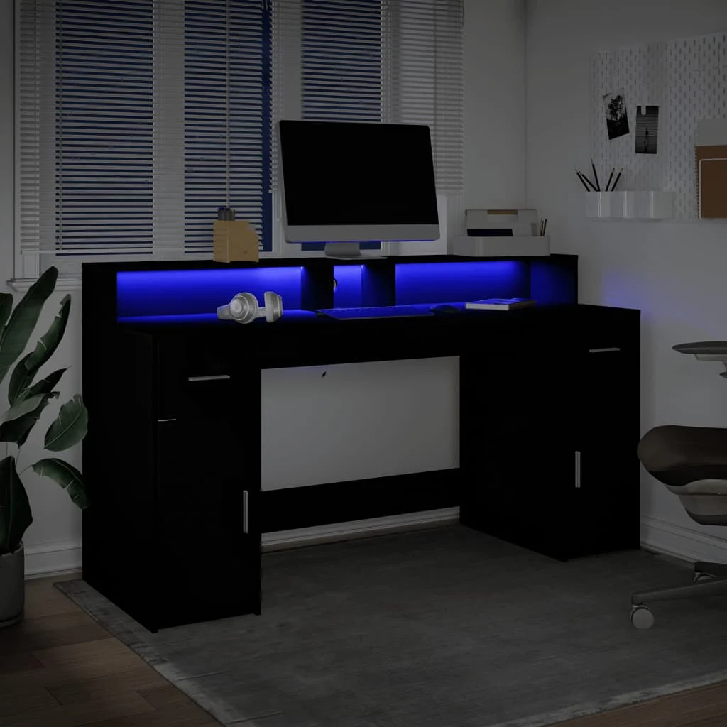 Bureau avec lumières LED 160 x 55 x 91 cm noir bois d'ingénierie – vue en situation