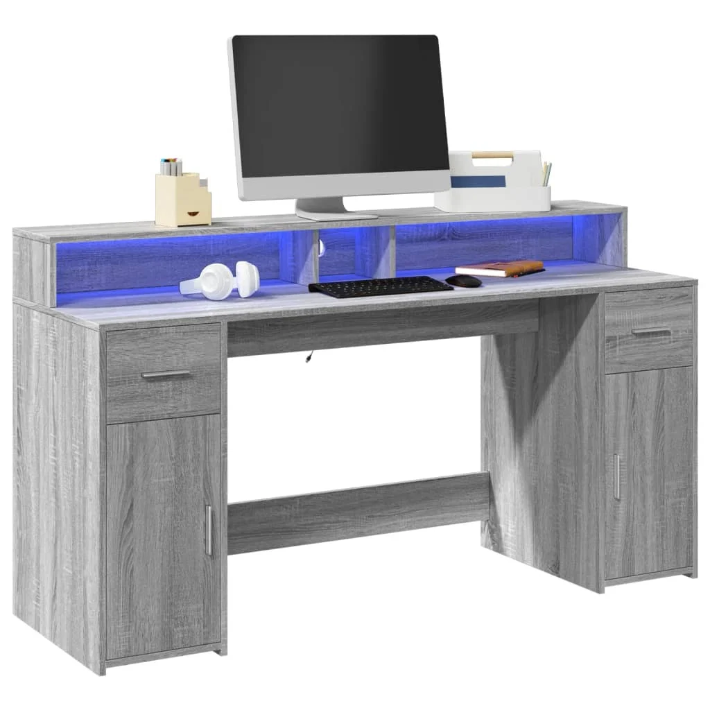 Bureau et lumières LED 160 x 55 x 91 cm sonoma gris bois d'ingénierie – vue d’ensemble