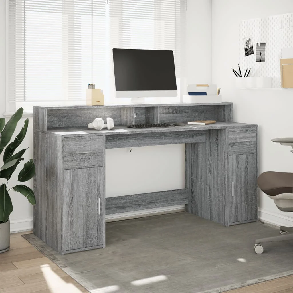 Bureau et lumières LED 160 x 55 x 91 cm sonoma gris bois d'ingénierie – vue de détail