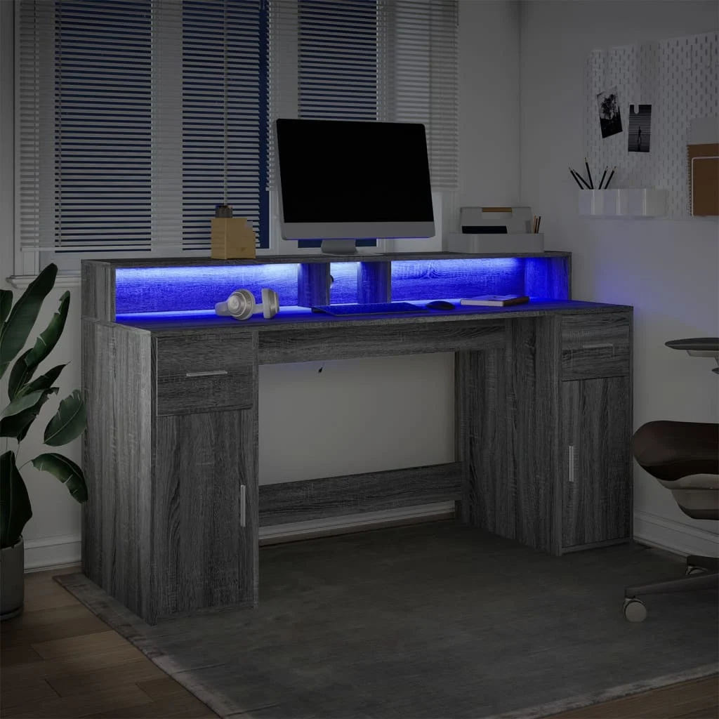 Bureau et lumières LED 160 x 55 x 91 cm sonoma gris bois d'ingénierie – vue en situation