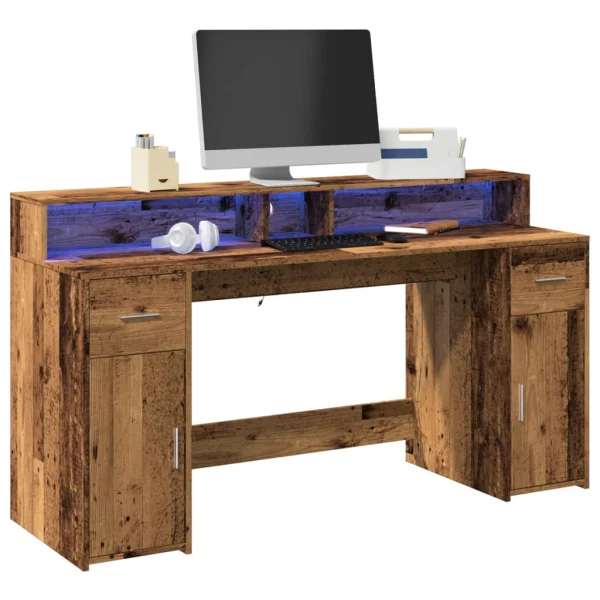 Bureau avec lumières LED 160 x 55 x 91 cm vieux bois bois d'ingénierie – vue d’ensemble
