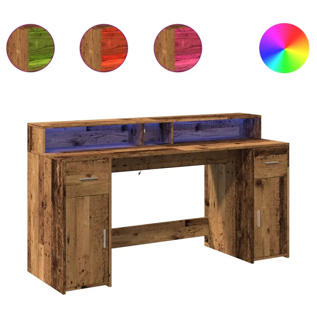 Bureau avec lumières LED 160 x 55 x 91 cm vieux bois bois d'ingénierie – vue de côté