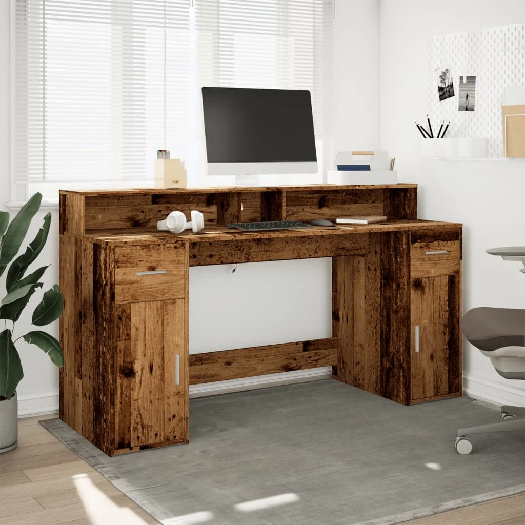 Bureau avec lumières LED 160 x 55 x 91 cm vieux bois bois d'ingénierie – vue de détail
