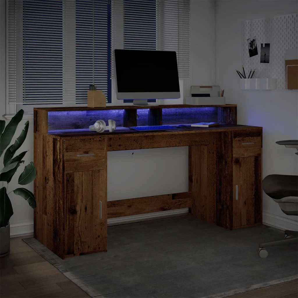Bureau avec lumières LED 160 x 55 x 91 cm vieux bois bois d'ingénierie – vue en situation