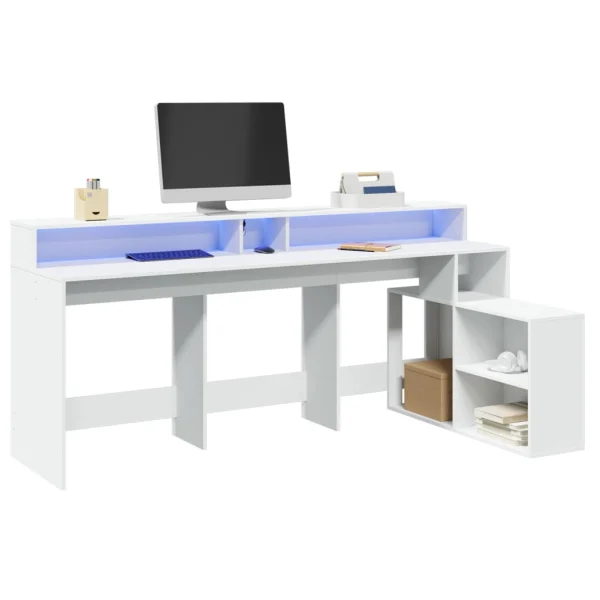 Bureau avec lumières LED 200 x 104 x 91 cm blanc bois d'ingénierie – vue d’ensemble