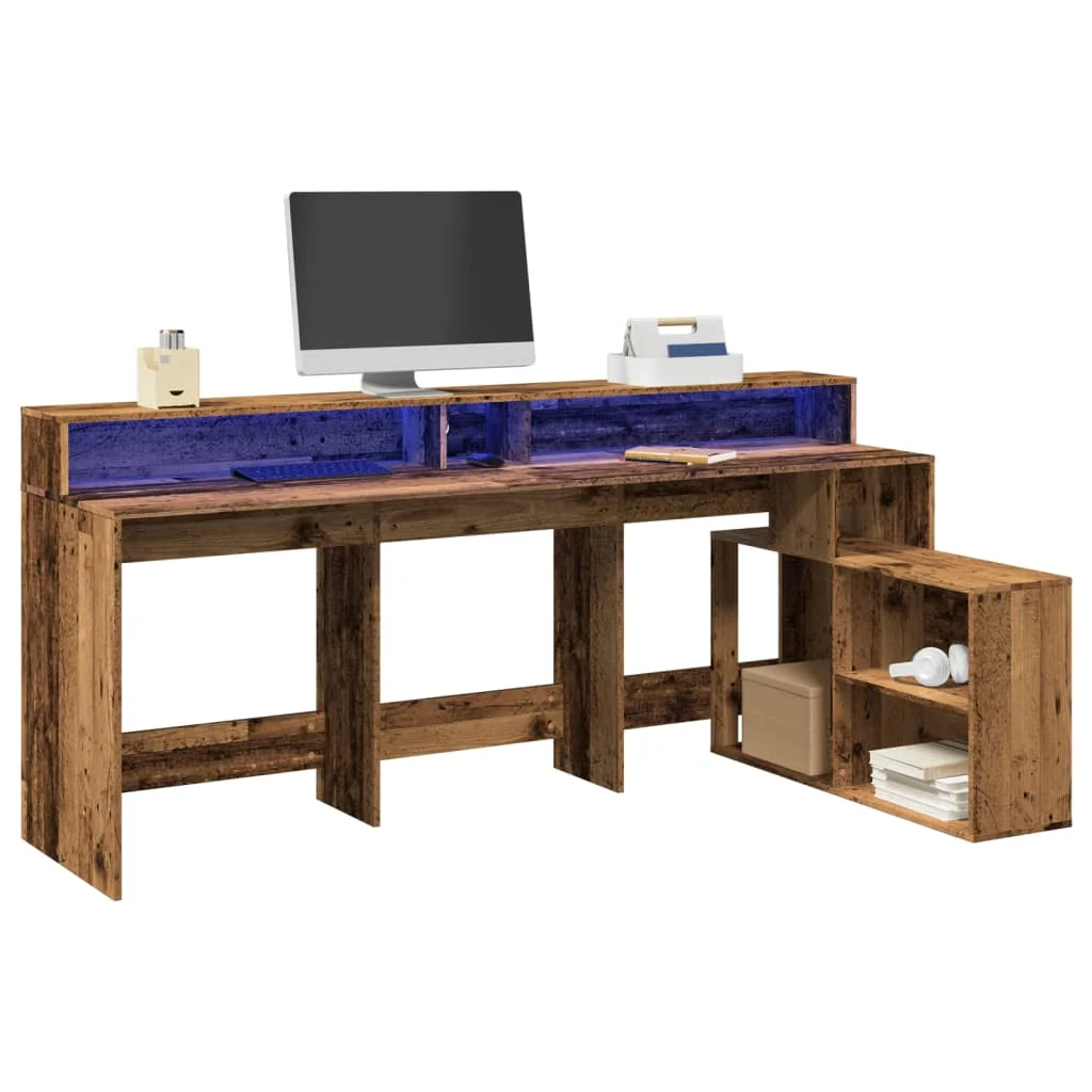Bureau avec lumières LED 200 x 104 x 91 cm vieux bois bois d'ingénierie – vue d’ensemble