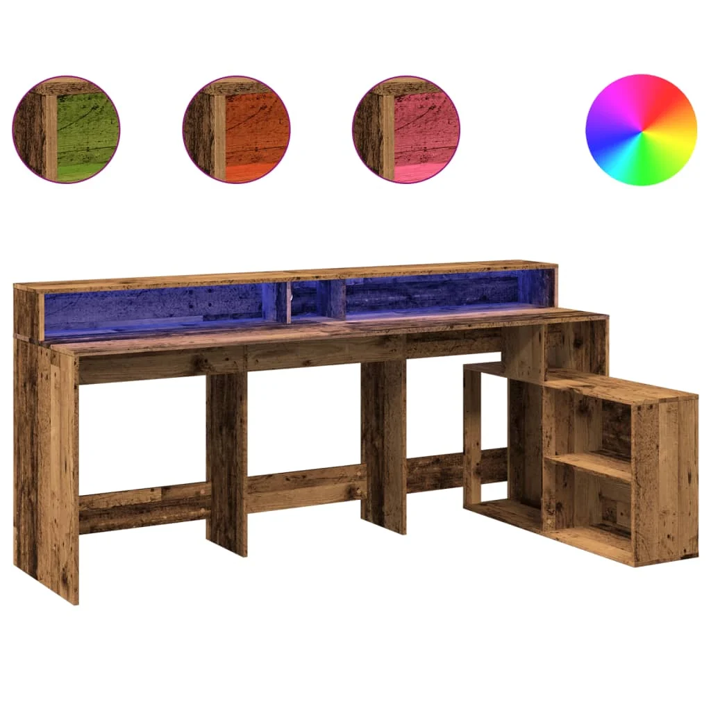 Bureau avec lumières LED 200 x 104 x 91 cm vieux bois bois d'ingénierie – vue de côté