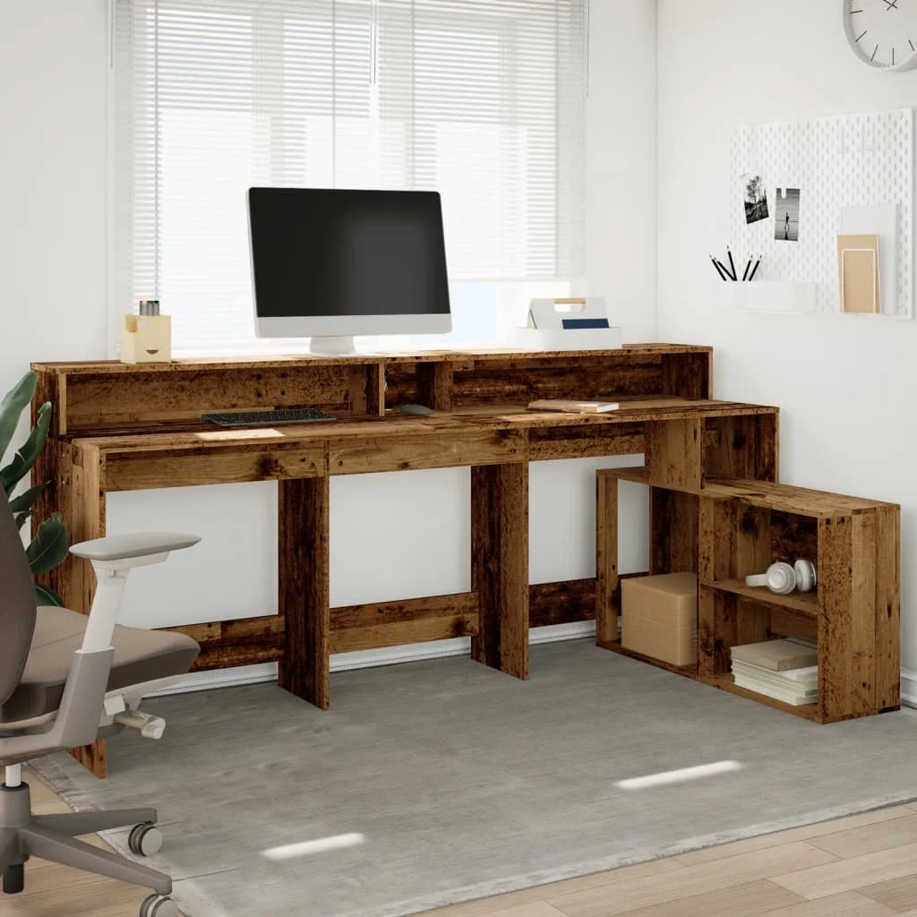 Bureau avec lumières LED 200 x 104 x 91 cm vieux bois bois d'ingénierie – vue de détail