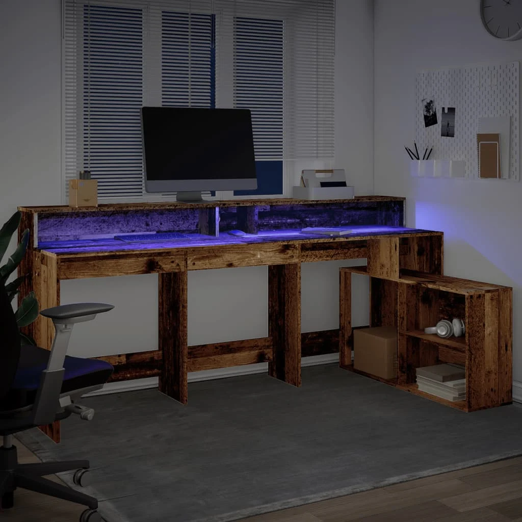 Bureau avec lumières LED 200 x 104 x 91 cm vieux bois bois d'ingénierie – vue en situation