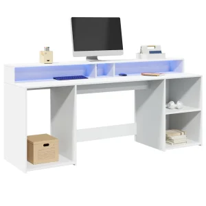Bureau avec lumières LED 200 x 55 x 91 cm blanc bois d'ingénierie – vue d’ensemble