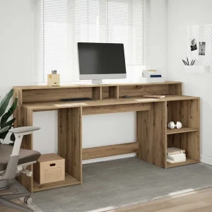 Bureau avec lumières LED 200 x 55 x 91 cm chêne artisanal bois d'ingénierie – vue d’ensemble
