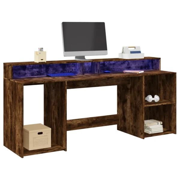 Bureau et lumières LED 200 x 55 x 91 cm chêne fumé bois d'ingénierie – vue d’ensemble
